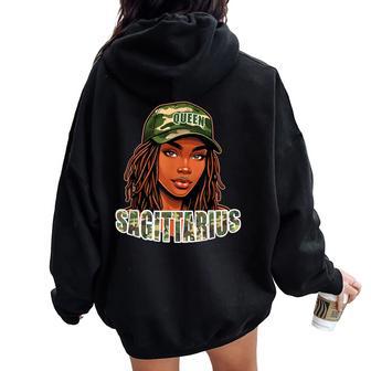 Sagittarius Queen Camo Hat Locs Birthday Black Woman Women Oversized Hoodie Back Print | Mazezy