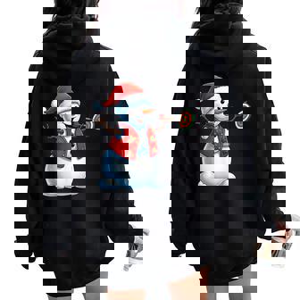 Santa Snowman Playing Darts Christmas Pajama Women Oversized Hoodie Back Print | Mazezy