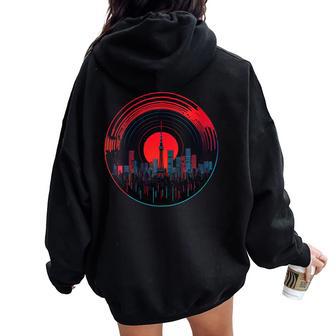 Synthwave Tokyo Skyline Vinyl Record Retro Red Sun Aesthetic Women Oversized Hoodie Back Print | Mazezy