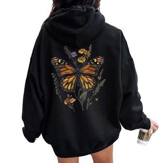 Vintage Monarch Butterfly Verbena Flower Girl Plant Mom Women Oversized Hoodie Back Print | Mazezy