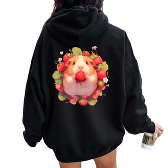 いちご モルモット 水彩 花柄 かわいい モルモット レディース オーバーサイズ パーカー バックプリント - Kawaiitshirt