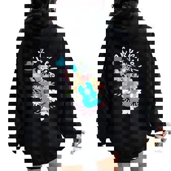 ウクレレギフト 70年代の花のウクレレ奏者 レディース オーバーサイズ パーカー バックプリント - Kawaiitshirt