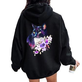 花と猫、水彩画のような表情 レディース オーバーサイズ パーカー バックプリント - Kawaiitshirt
