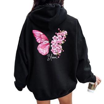 蝶と花、日本の桜と蝶 レディース オーバーサイズ パーカー バックプリント - Kawaiitshirt
