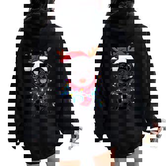 Black Pug Dog Tree Christmas Lights Xmas Pajama Women Women Oversized Hoodie Back Print | Seseable CA