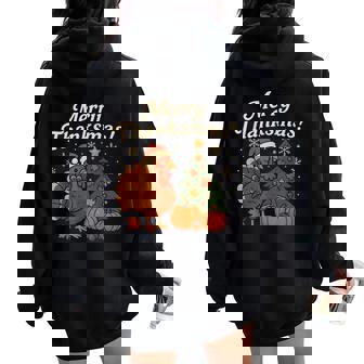 Cute Thanksmas Turkey Decorating Fall Christmas Tree Women Oversized Hoodie Back Print - Seseable