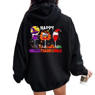 Happy Hallothanksmas Wine Glass Turkey Santa Drinking Women Oversized Hoodie Back Print - Thegiftio UK