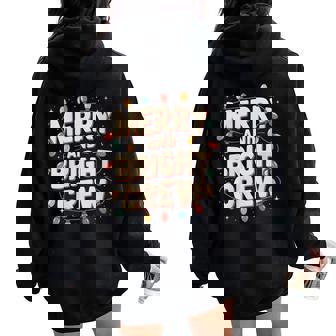 Merry And Bright Crew Retro Christmas Lights Party Look Women Oversized Hoodie Back Print - Thegiftio