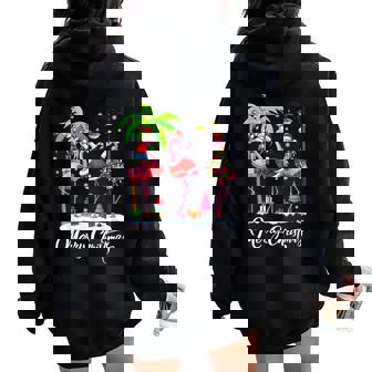 Merry Christmas Flamingo Xmas Palm Tree Light Tropical Women Oversized Hoodie Back Print - Thegiftio