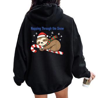 Napping Through The Snow Christmas Sloth Candy Cane Women Oversized Hoodie Back Print - Thegiftio UK