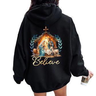 Nativity Scene Believe Christian Xmas Family Merry Christmas Women Oversized Hoodie Back Print - Thegiftio UK