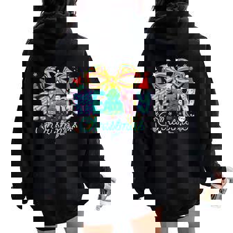 Preppy Merry Christmas Tree Girl Coquette Bow Pink Women Oversized Hoodie Back Print | Seseable CA