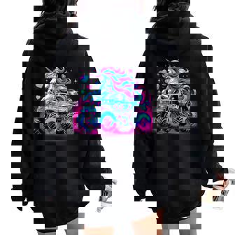 Unicorn Monster Truck Girl Birthday Party Women Oversized Hoodie Back Print | Mazezy