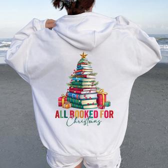 All Booked For Christmas Xmas Tree Teacher Holiday Pajamas Women Oversized Hoodie Back Print - Thegiftio UK