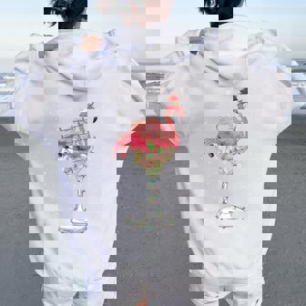 Pink Flamingo Drinking Cocktail Santa Hat Christmas Lights Women Oversized Hoodie Back Print - Thegiftio