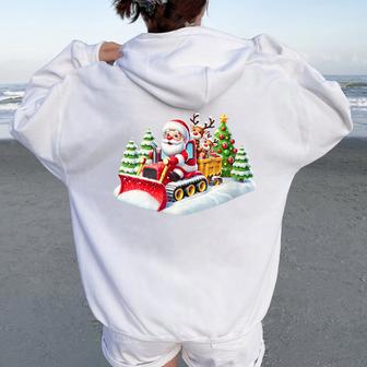 Santa Driving Snow Plow With Reindeer Cute Christmas Women Oversized Hoodie Back Print - Thegiftio