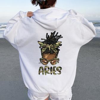 Aries Girl Woman Loc'd Messy Bun Camo Black Women Women Oversized Hoodie Back Print | Mazezy