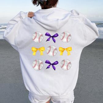 Baseballs & Purple Gold Bows Girls Ball Mom School Pride Women Oversized Hoodie Back Print - Thegiftio UK