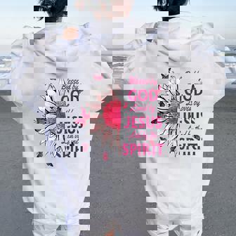 Béni Par Dieu Aimé Par Jésus Tournesol Rose Et Papillon Sweat à capuche oversize pour femme avec imprimé dans le dos - Cadeauxyz