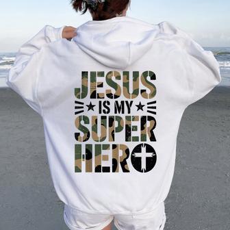 Camo Jesus Is My Superhero Toddler Boys Camouflage Christian Women Oversized Hoodie Back Print | Seseable UK