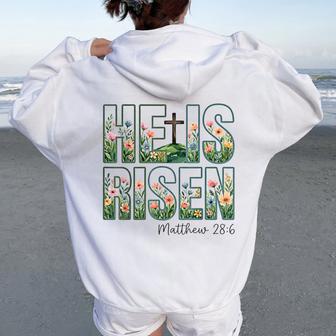 Floral He Is Risen Cross Christian Jesus Women Oversized Hoodie Back Print | Seseable UK