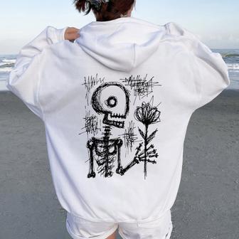 Hand Drawn Skeleton Holding Flower Women Oversized Hoodie Back Print - Thegiftio