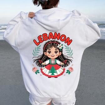 Lebanese Girl Traditional Dress With Flag Colors And Flowers Women Oversized Hoodie Back Print - Thegiftio UK