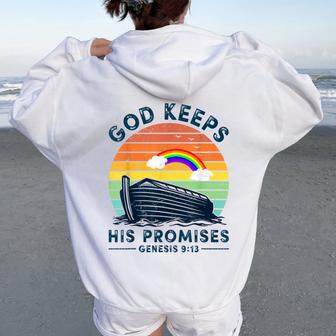 Noah Ark Rainbow Jesus Christian God Keeps His Promises Women Oversized Hoodie Back Print | Mazezy