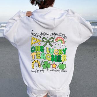One Lucky Teacher Coquette Groovy St Patrick's Day Teachers Women Oversized Hoodie Back Print - Seseable
