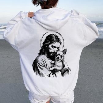 Retro Chihuahua Apparel Jesus Chihuahua Dog Christian Religious Dog Lover Women Oversized Hoodie Back Print - Thegiftio