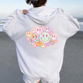 Retro Smile Face Flower Happy Face Checkered Pattern Women Oversized Hoodie Back Print - Thegiftio