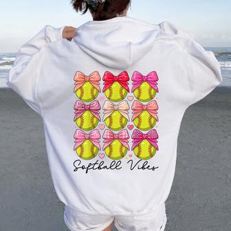 Softball Vibes Softball Coquette Bow Game Day Girls Women Women Oversized Hoodie Back Print | Mazezy