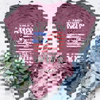 My Favorite Airman Calls Me Wife USAF Flag US Air Force Women's Heather T-Shirt | Mazezy