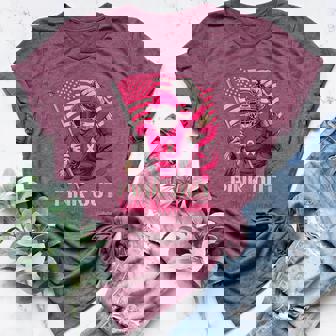 Pink Out Tackle Breast Cancer Football American Flag Ribbon Women's Heather T-Shirt | Mazezy