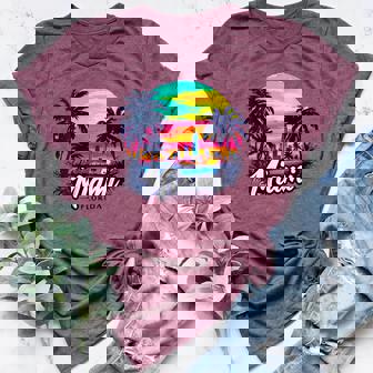 Miami Florida Skyline – Vibrant Sunset & Palm Tree Women's Heather T-Shirt | Mazezy