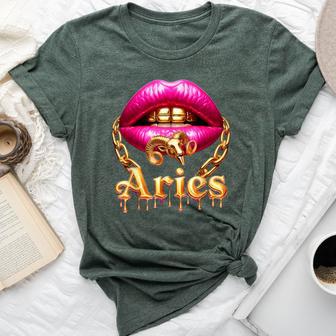 Aries Queen Girl Zodiac Birthday Pink Lips Gold Chain Bella Canvas T-shirt - Thegiftio UK
