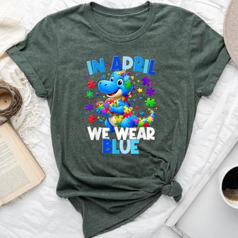 Autism Awareness April We Wear Blue T Rex Dinosaur Boy Girl Bella Canvas T-shirt - Thegiftio UK