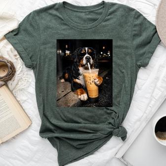 Bernese Mountain Drinking Iced Coffee Lover Humor Meme Bella Canvas T-shirt - Thegiftio
