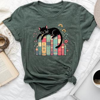 Floral Black Cat Sleeping On Books Bella Canvas T-shirt | Mazezy