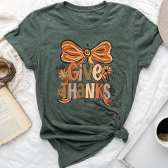Give Thanks Floral Preppy Fall Thanksgiving Bow Coquette Bella Canvas T-shirt - Thegiftio UK