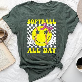 Groovy Softball All Day Softball Coquette Bow Softball Girl Bella Canvas T-shirt - Thegiftio UK