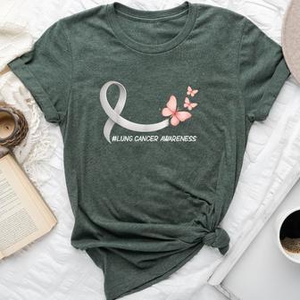 Lung Cancer Awareness Butterfly White Ribbon Support Womens Bella Canvas T-shirt | Mazezy