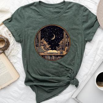 Moon Book Bookshelf Library Coffee Cup Star Stars Pattern Bella Canvas T-shirt - Thegiftio UK