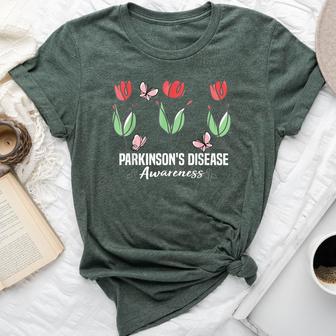 Parkinson's Disease Awareness Month Red Tulips Butterfly Bella Canvas T-shirt | Mazezy