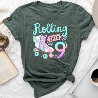 Rolling Into 9 Roller Skates Skater Girl 9Th Birthday Party Bella Canvas T-shirt - Thegiftio UK