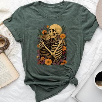 Skeleton Hugging Cat Floral Halloween Cats Lover Bella Canvas T-shirt - Thegiftio UK