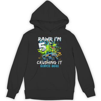 5Th Birthday Monster Truck Dinosaur Party Boys Rawr I'm 5 Hoodie - Thegiftio UK