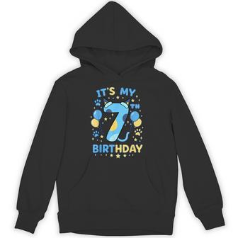 7Th Birthday Boy Blue Dog Theme Party Seven Cool 7 Year Old Hoodie - Monsterry