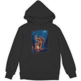 Bigfoot Sasquatch Roasting Marshmallows Camping Adventure Hoodie - Monsterry