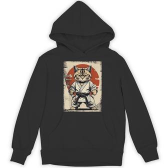 Cat Karate In Gi With Red Japanese Sun Circle Judo Unisex Hoodie | Mazezy